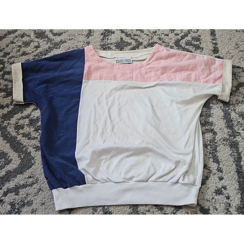 Vintage The Season Ticket 1980s Colorblock Top Pink Navy White Made in USA L